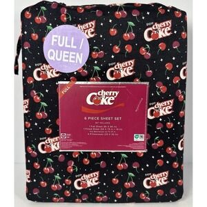 Cherry Coke Full Queen 6 Piece Sheet Set Coca Cola Cherry Print Black Bedding